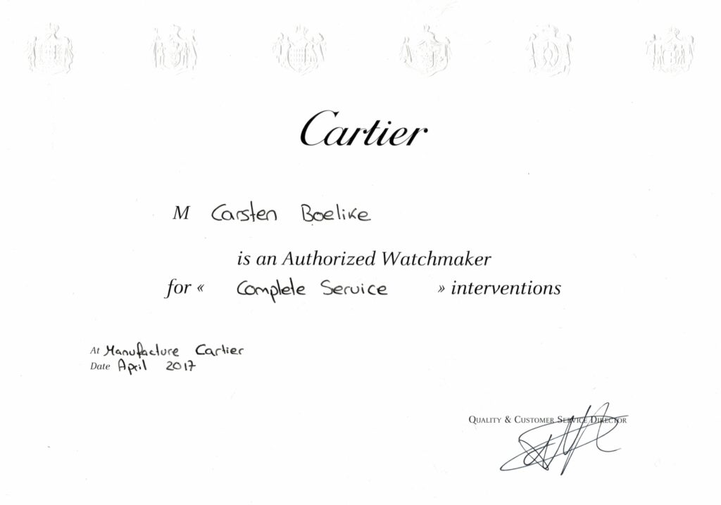 Cartier Zertifikat Authorized Watchmaker