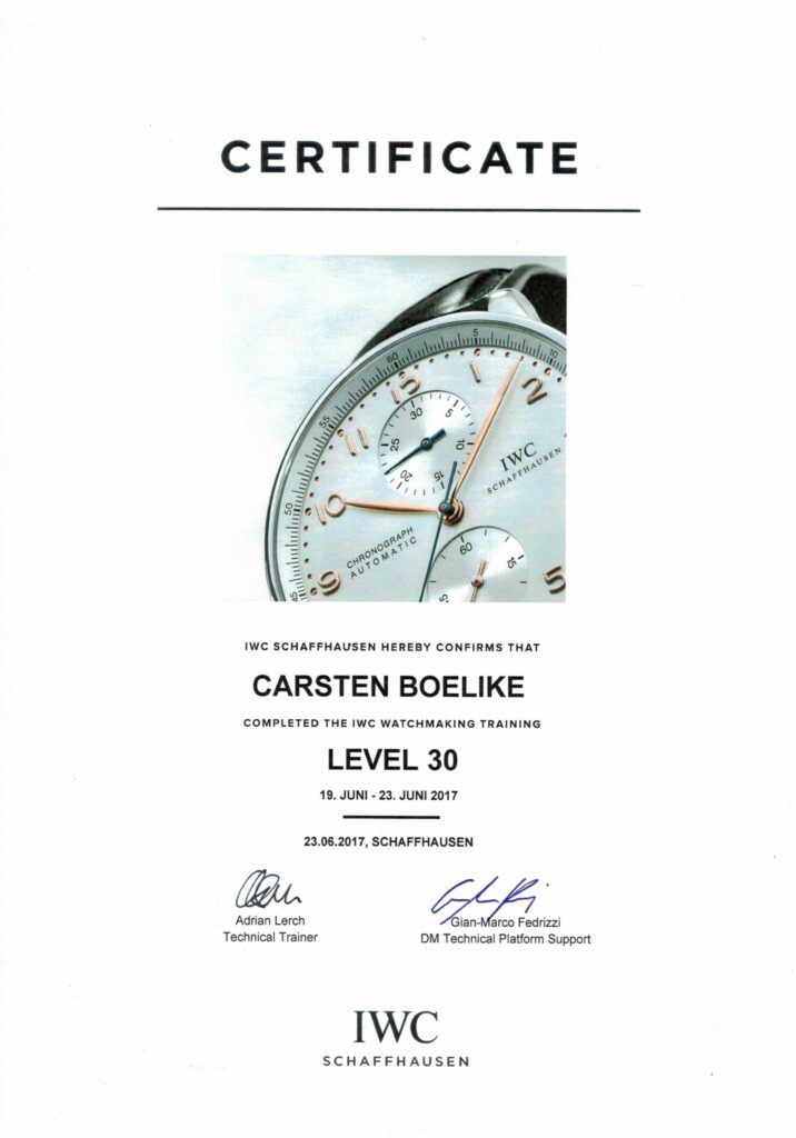 IWC Zertifikat Watchmaking Training Level 30