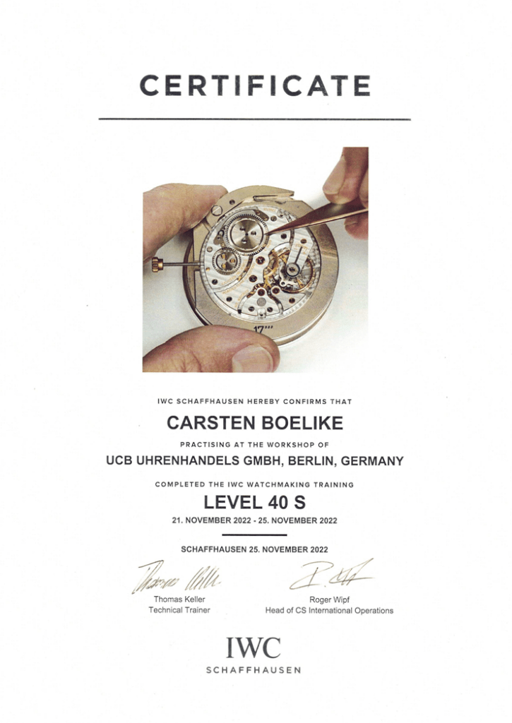 IWC Zertifikat Watchmaking Training Level 40